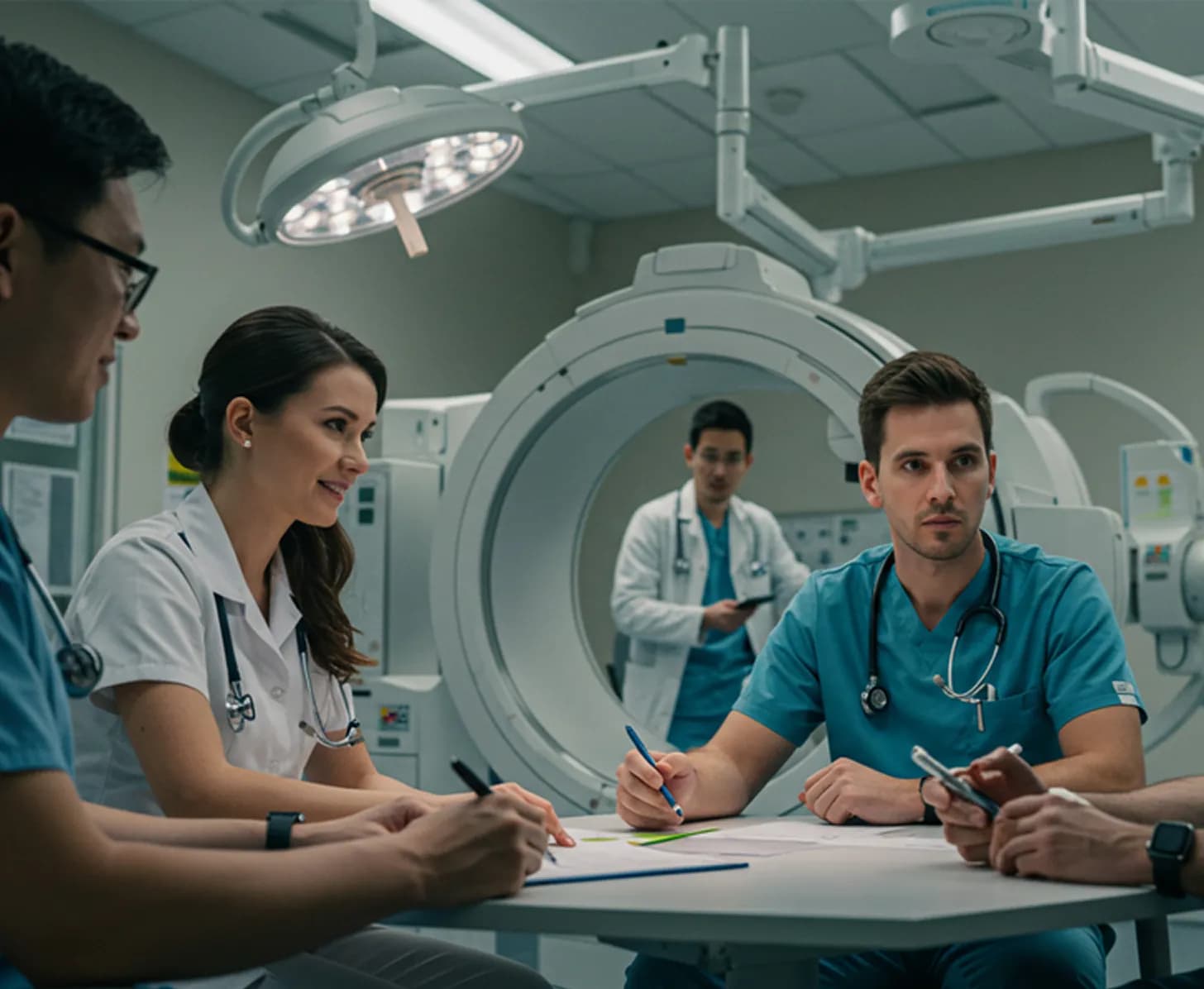 Healthcare professional at workstation reviewing medical imaging